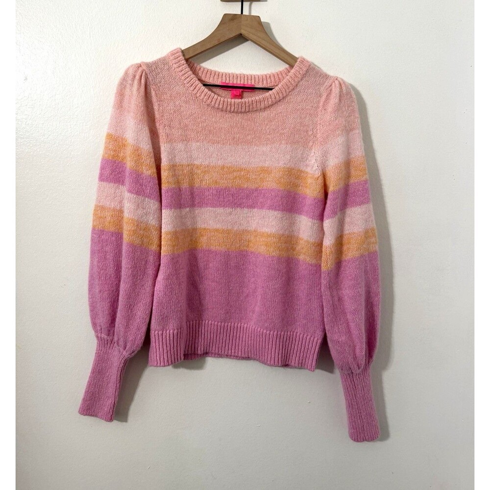 Lilly Pulitzer Ritza Wool Blend Pink Striped Sweater Small Pastel Puff Sleeve